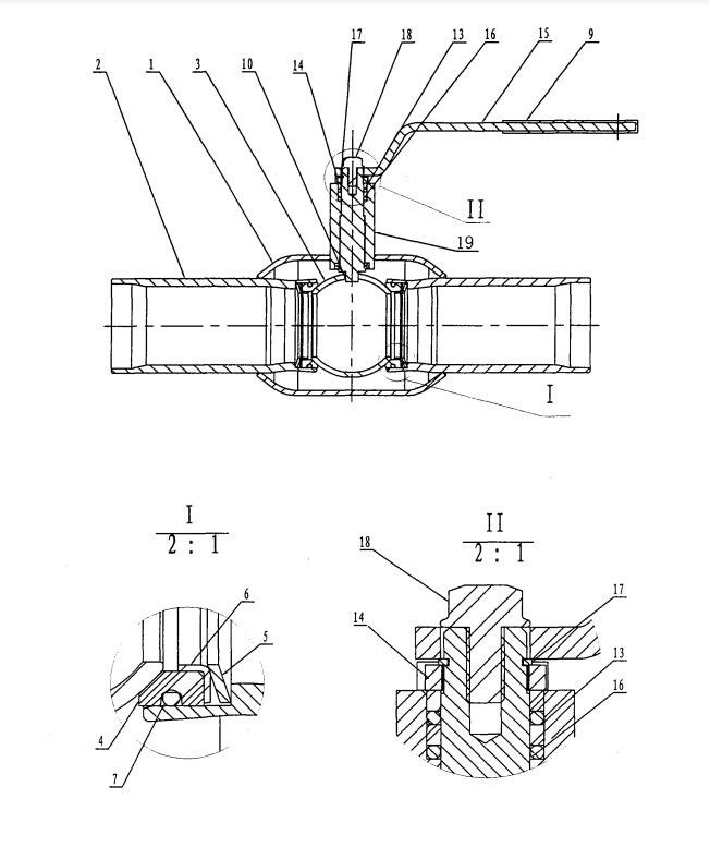 圖1:全焊接球閥結(jié)構(gòu)示意圖 圖1:全焊接球閥結(jié)構(gòu)示意圖